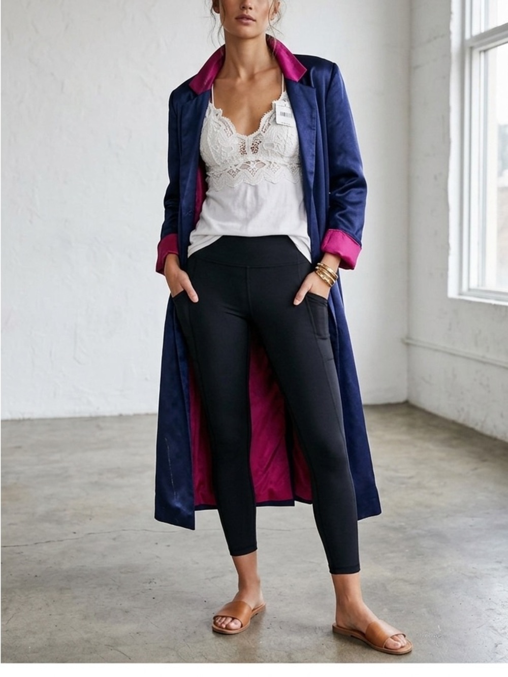 AS IS Vintage Topshop Navy Satin Duster Coat Magenta Pink Lining Size 6